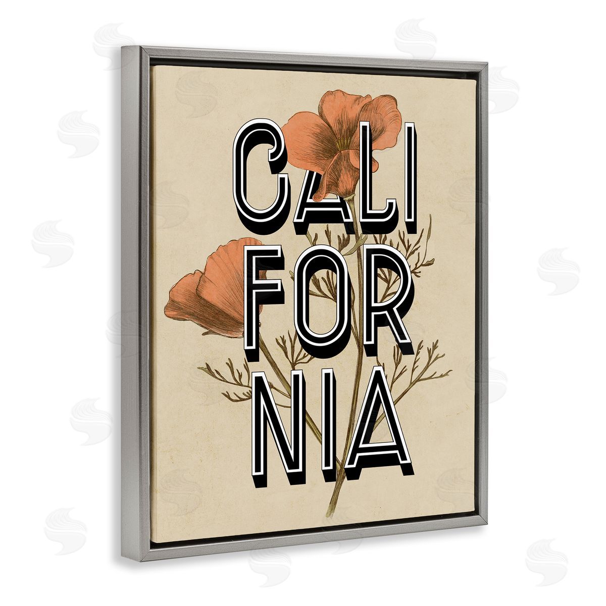 Stupell Studio California State Floral Typography Poppy Sprig Blossom Gray Floating Frame Canvas Wall Art Print