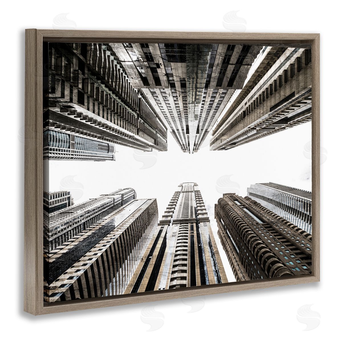 Kim Allen Looming City Buildings Looking Up Urban Architecture Brown Floating Frame Canvas Wall Art Print