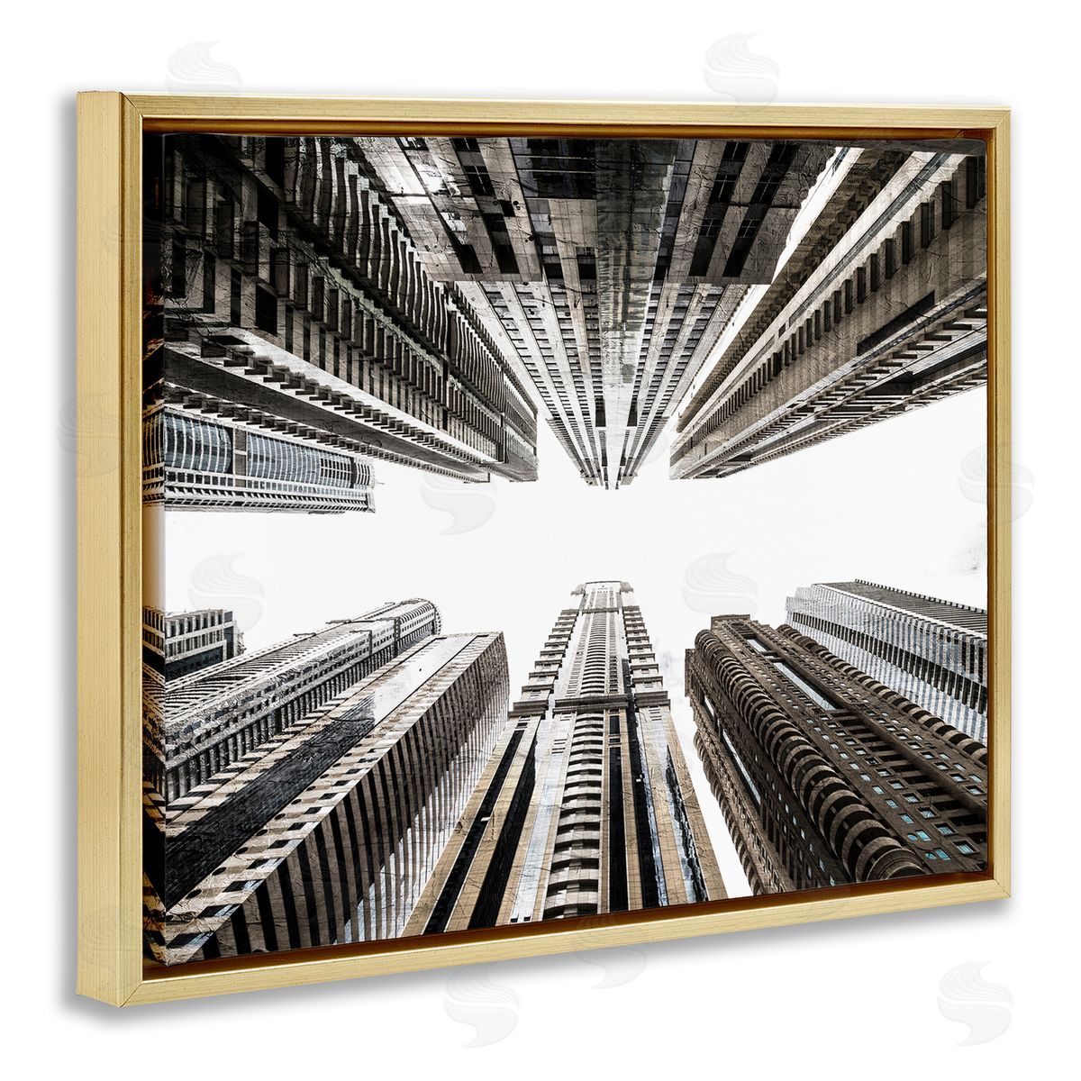 Kim Allen Looming City Buildings Looking Up Urban Architecture Gold Floating Frame Canvas Wall Art Print