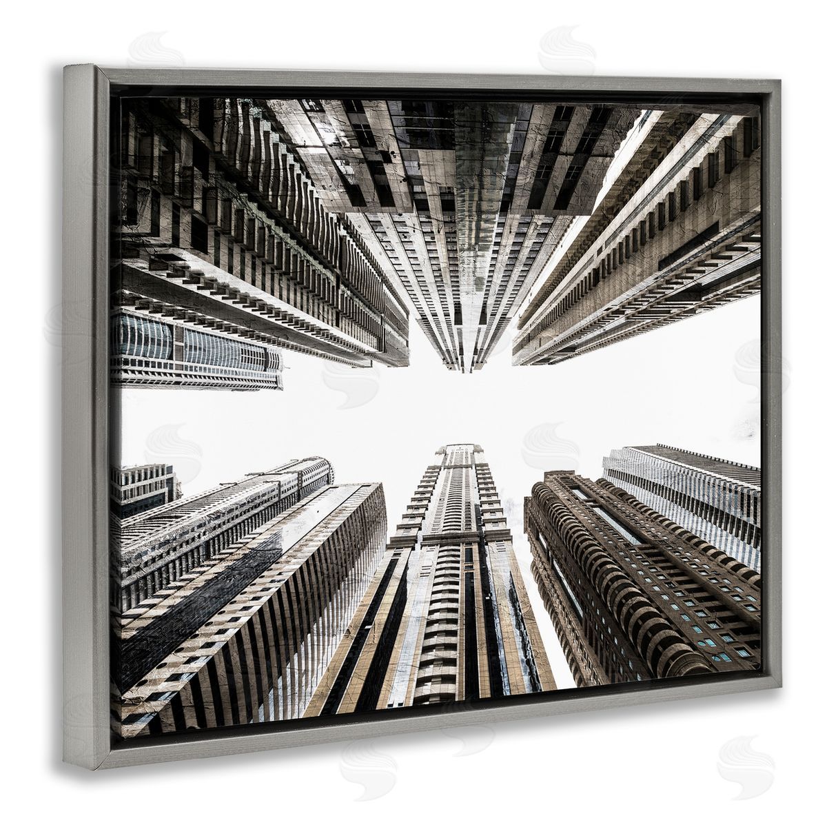 Kim Allen Looming City Buildings Looking Up Urban Architecture Gray Floating Frame Canvas Wall Art Print