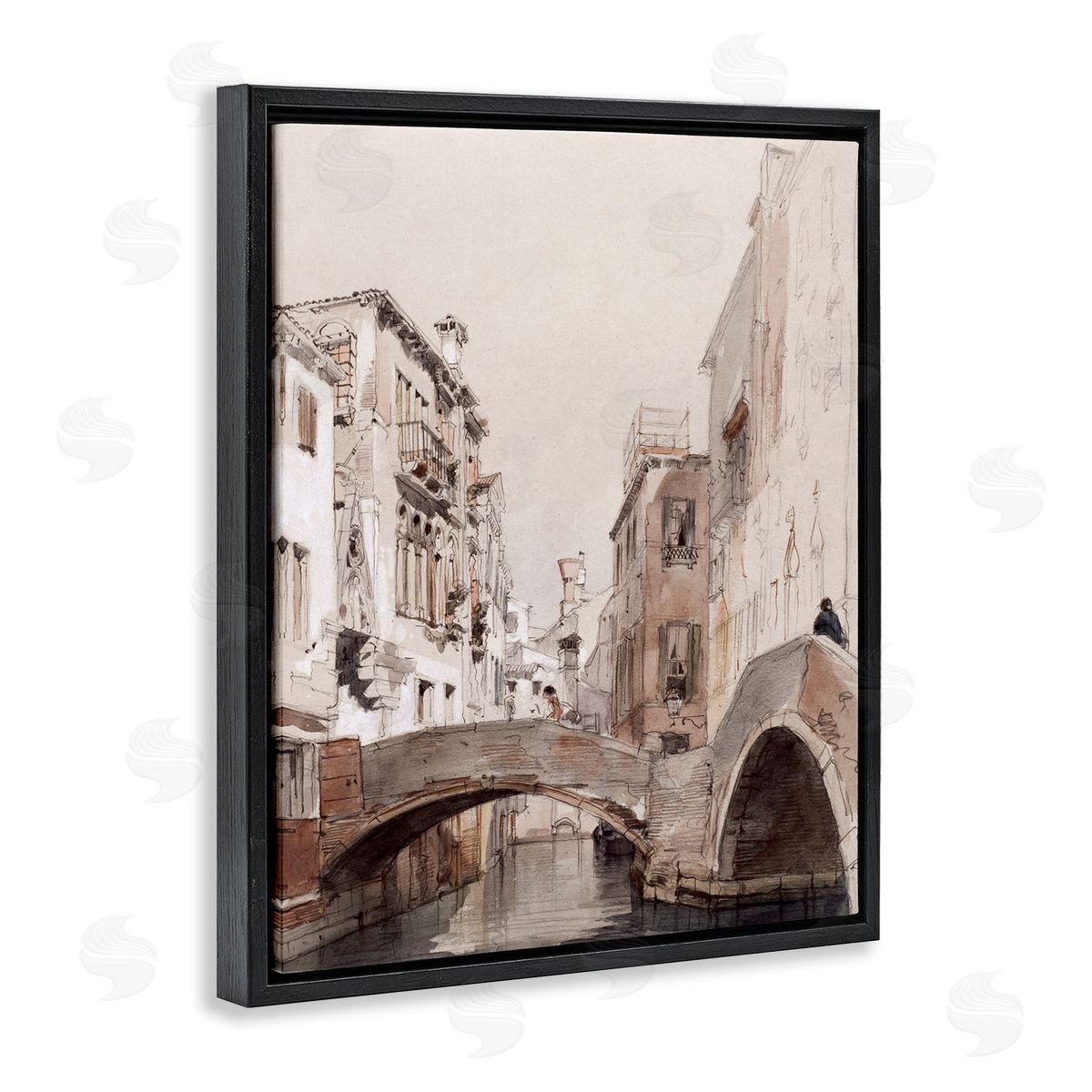 Lettered and Lined Arched Bridge Over Canal Quaint Town Buildings  Black Floating Frame Canvas Wall Art Print