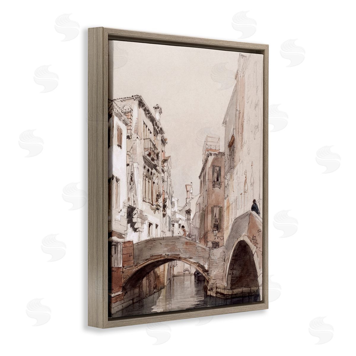 Lettered and Lined Arched Bridge Over Canal Quaint Town Buildings  Brown Floating Frame Canvas Wall Art Print