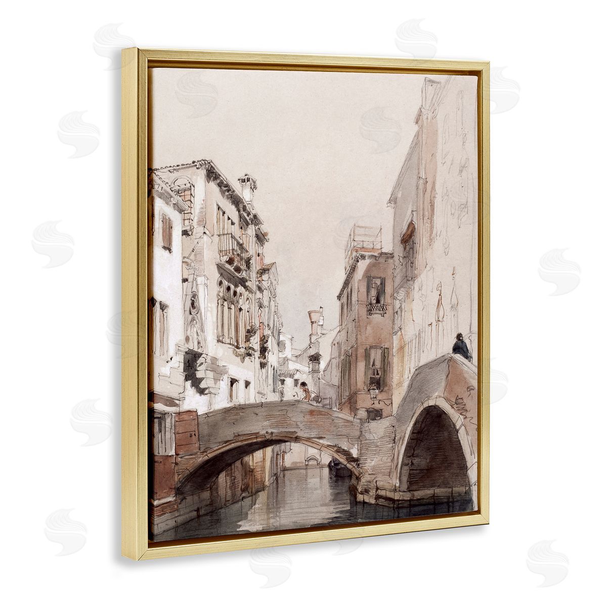 Lettered and Lined Arched Bridge Over Canal Quaint Town Buildings  Gold Floating Frame Canvas Wall Art Print