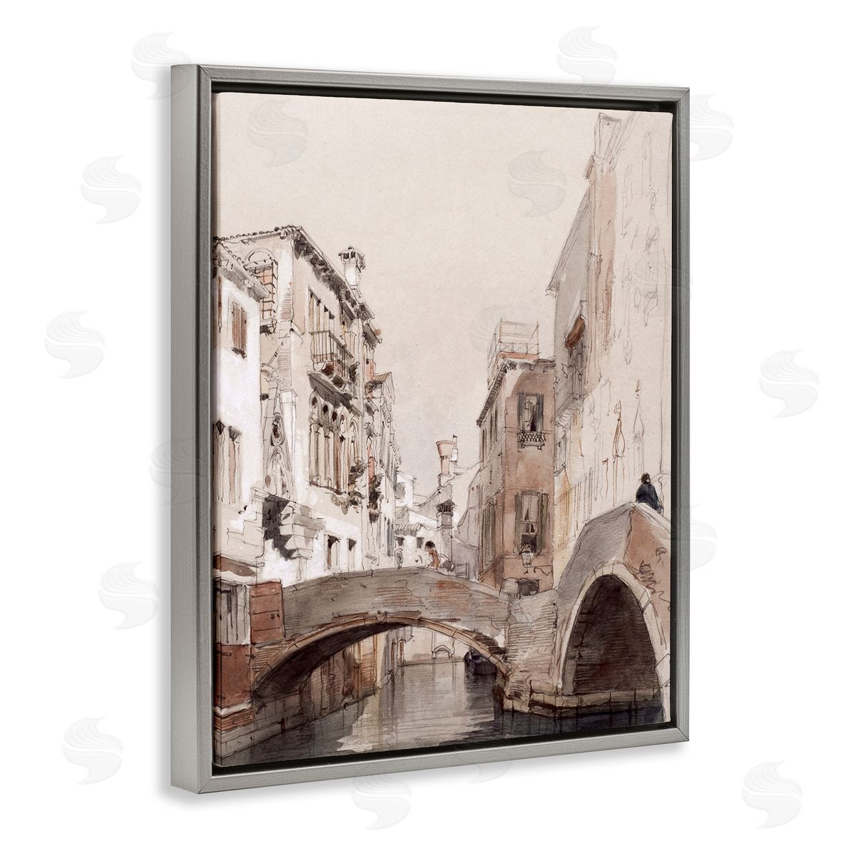 Lettered and Lined Arched Bridge Over Canal Quaint Town Buildings  Gray Floating Frame Canvas Wall Art Print