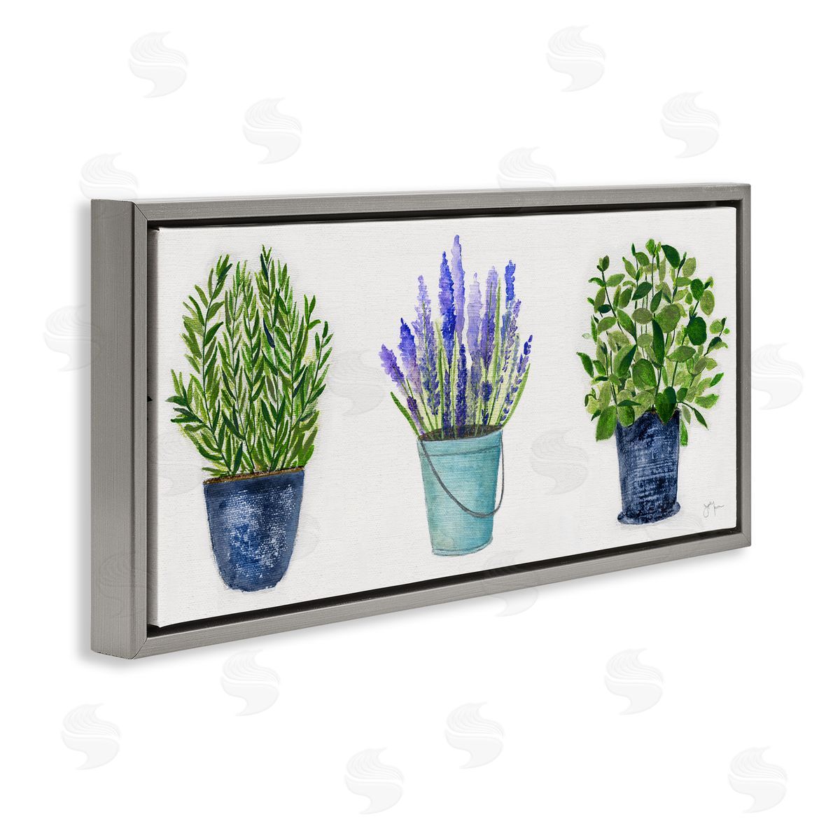 Varied Potted Plants & Herbs Grey Floating Frame Canvas Wall Art, Home Decor by Janet Tava