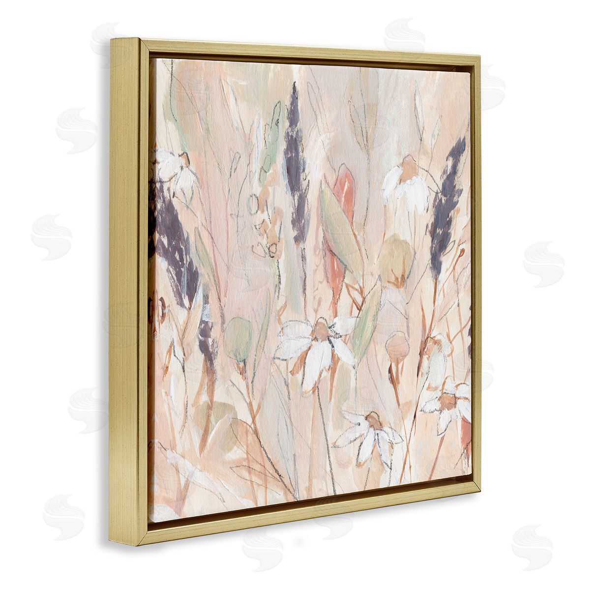 Annie Warren Blooming Wildflowers Pampas Grass Abstract Meadow Foliage Gold Floating Frame Canvas Wall Art Print