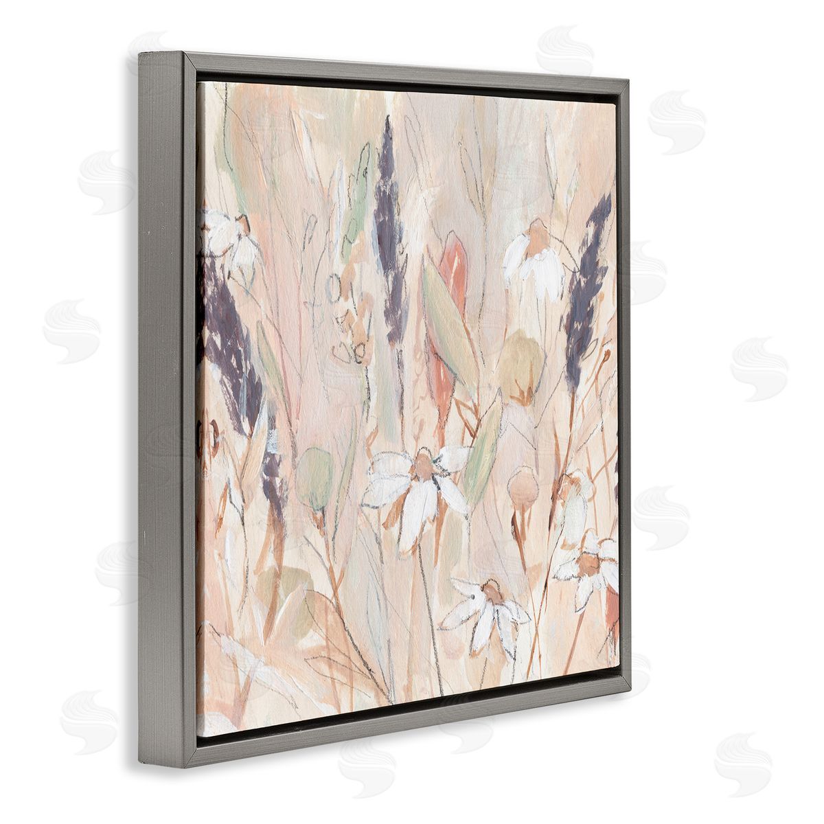 Annie Warren Blooming Wildflowers Pampas Grass Abstract Meadow Foliage Gray Floating Frame Canvas Wall Art Print