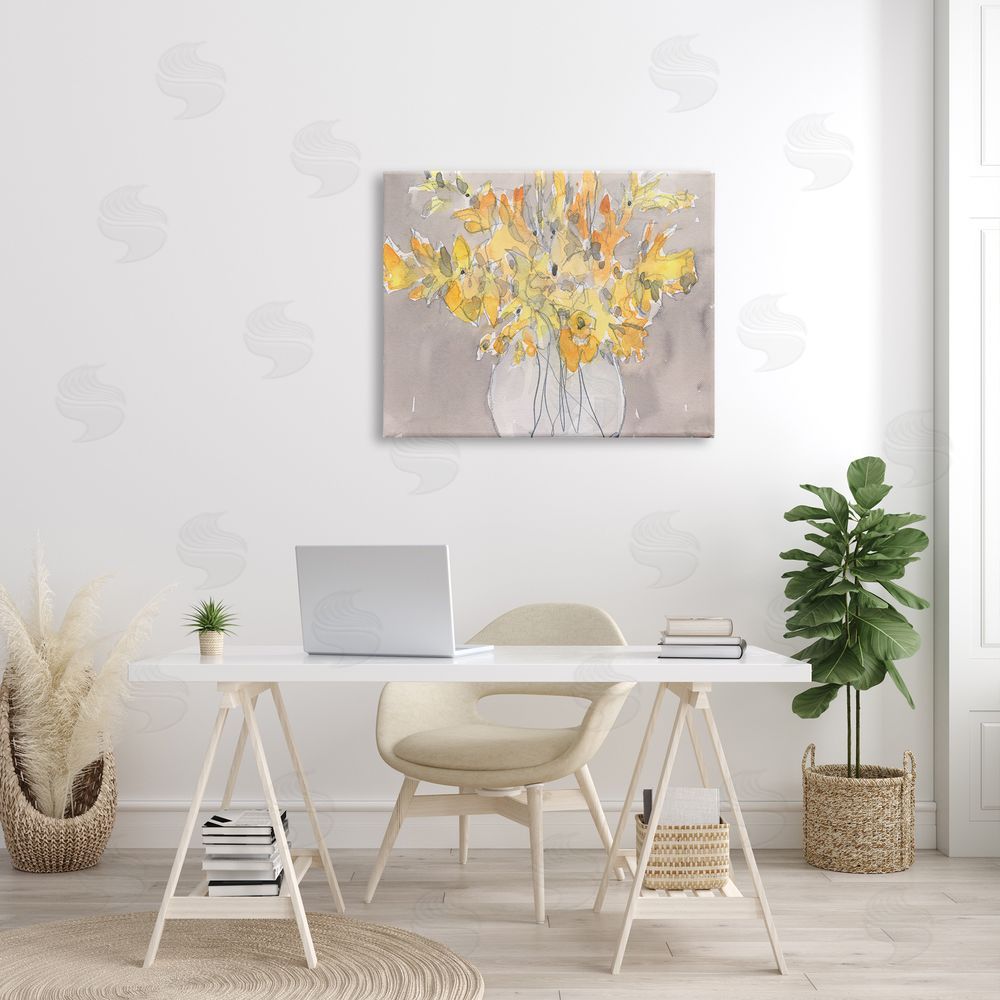 Samuel Dixon Modern Yellow Petals Blossoms Floral Arrangement Vase Canvas Wall Art Print in Room
