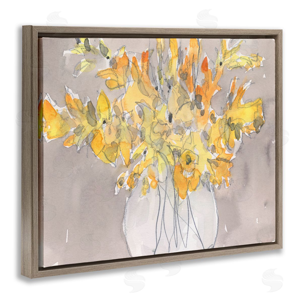 Samuel Dixon Modern Yellow Petals Blossoms Floral Arrangement Vase Brown Floating Frame Canvas Wall Art Print