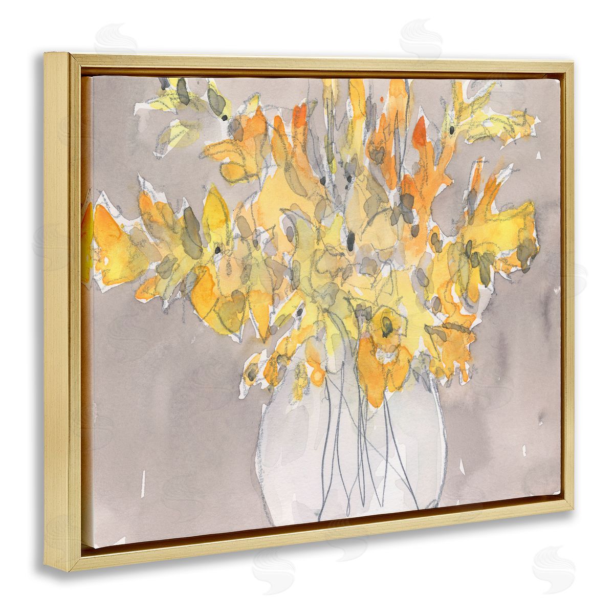 Samuel Dixon Modern Yellow Petals Blossoms Floral Arrangement Vase Gold Floating Frame Canvas Wall Art Print