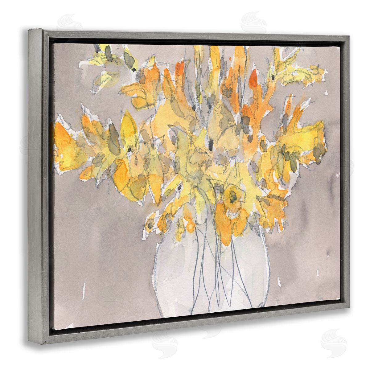Samuel Dixon Modern Yellow Petals Blossoms Floral Arrangement Vase Gray Floating Frame Canvas Wall Art Print