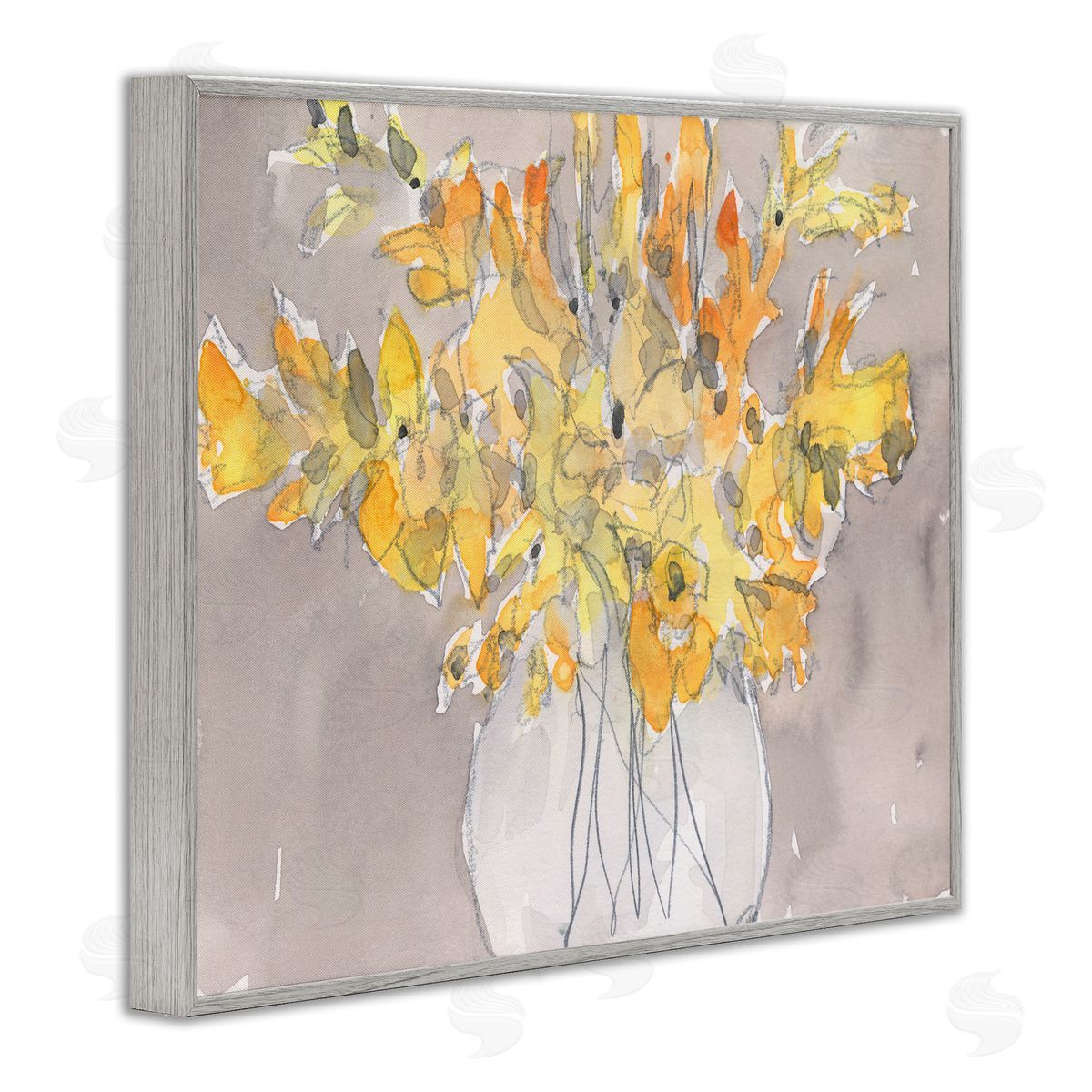 Samuel Dixon Modern Yellow Petals Blossoms Floral Arrangement Vase Gray Framed Giclee Wall Art Print