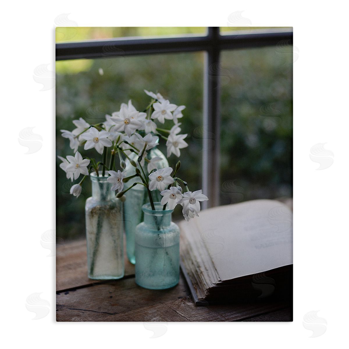Claire Brocato Delicate White Flowers Cottage Window Book Pages Stretched Canvas Wall Art Print