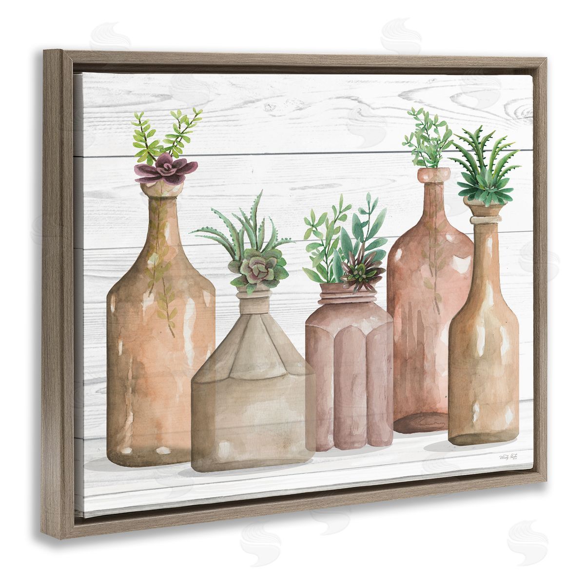 Cindy Jacobs Succulents Herbs Rustic Cottage Jars Leaves Arrangement  Brown Floating Frame Canvas Wall Art Print