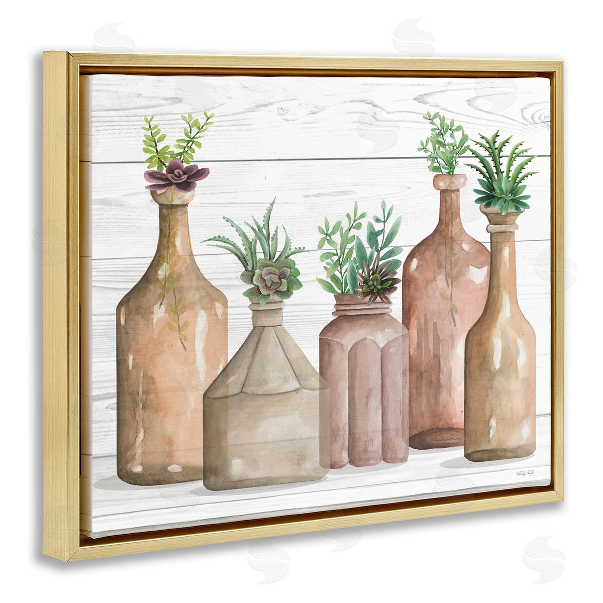 Cindy Jacobs Succulents Herbs Rustic Cottage Jars Leaves Arrangement  Gold Floating Frame Canvas Wall Art Print