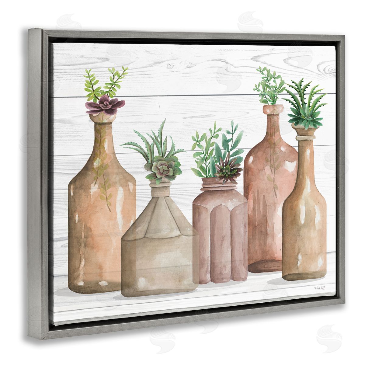 Cindy Jacobs Succulents Herbs Rustic Cottage Jars Leaves Arrangement  Gray Floating Frame Canvas Wall Art Print