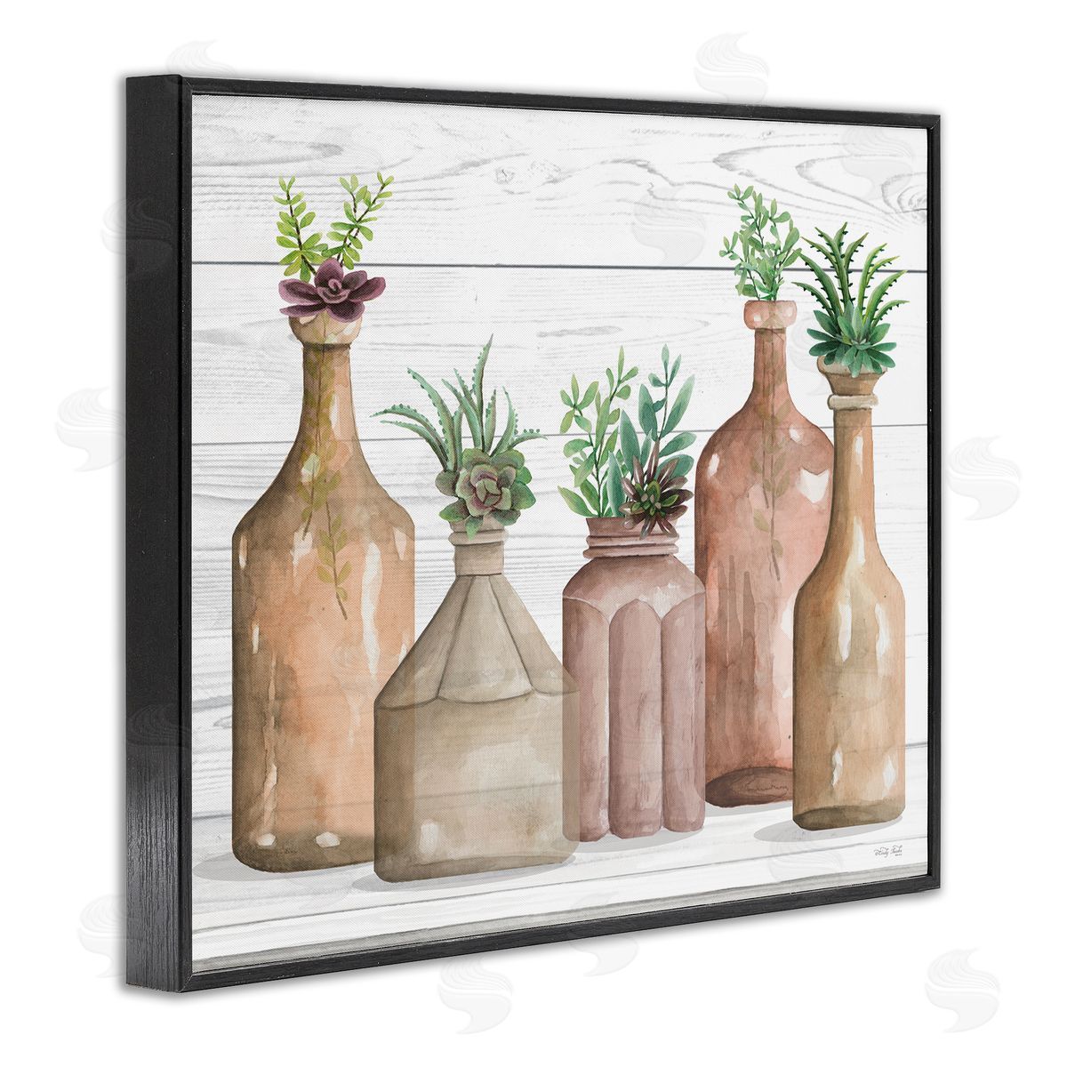 Cindy Jacobs Succulents Herbs Rustic Cottage Jars Leaves Arrangement  Black Framed Giclee Wall Art Print