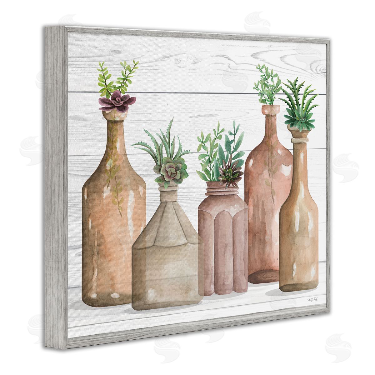 Cindy Jacobs Succulents Herbs Rustic Cottage Jars Leaves Arrangement  Gray Framed Giclee Wall Art Print