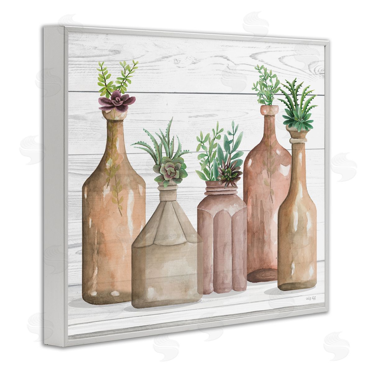 Cindy Jacobs Succulents Herbs Rustic Cottage Jars Leaves Arrangement  White Framed Giclee Wall Art Print