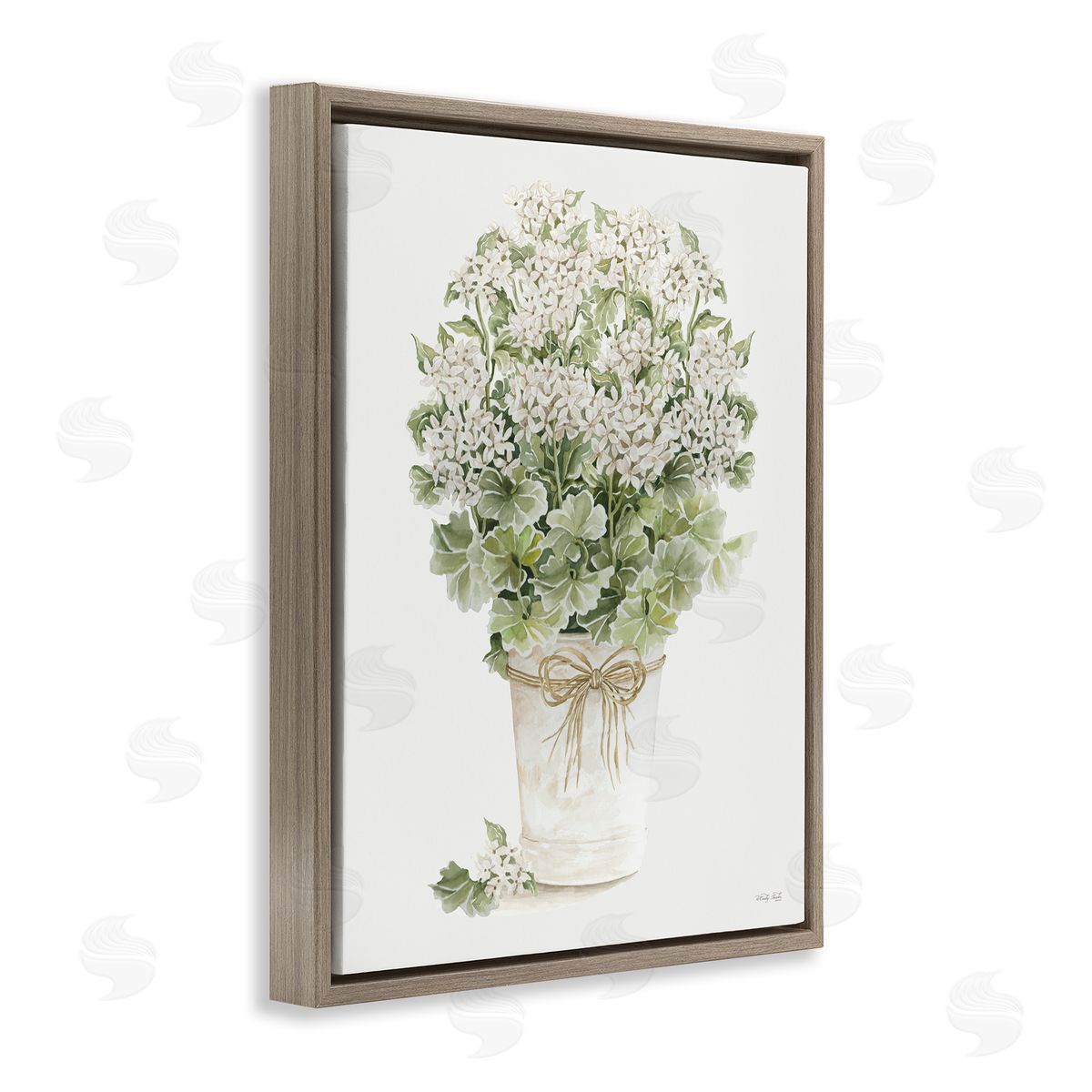 Cindy Jacobs Round Flower Bouquet Small White Dainty Petals Brown Floating Frame Canvas Wall Art Print