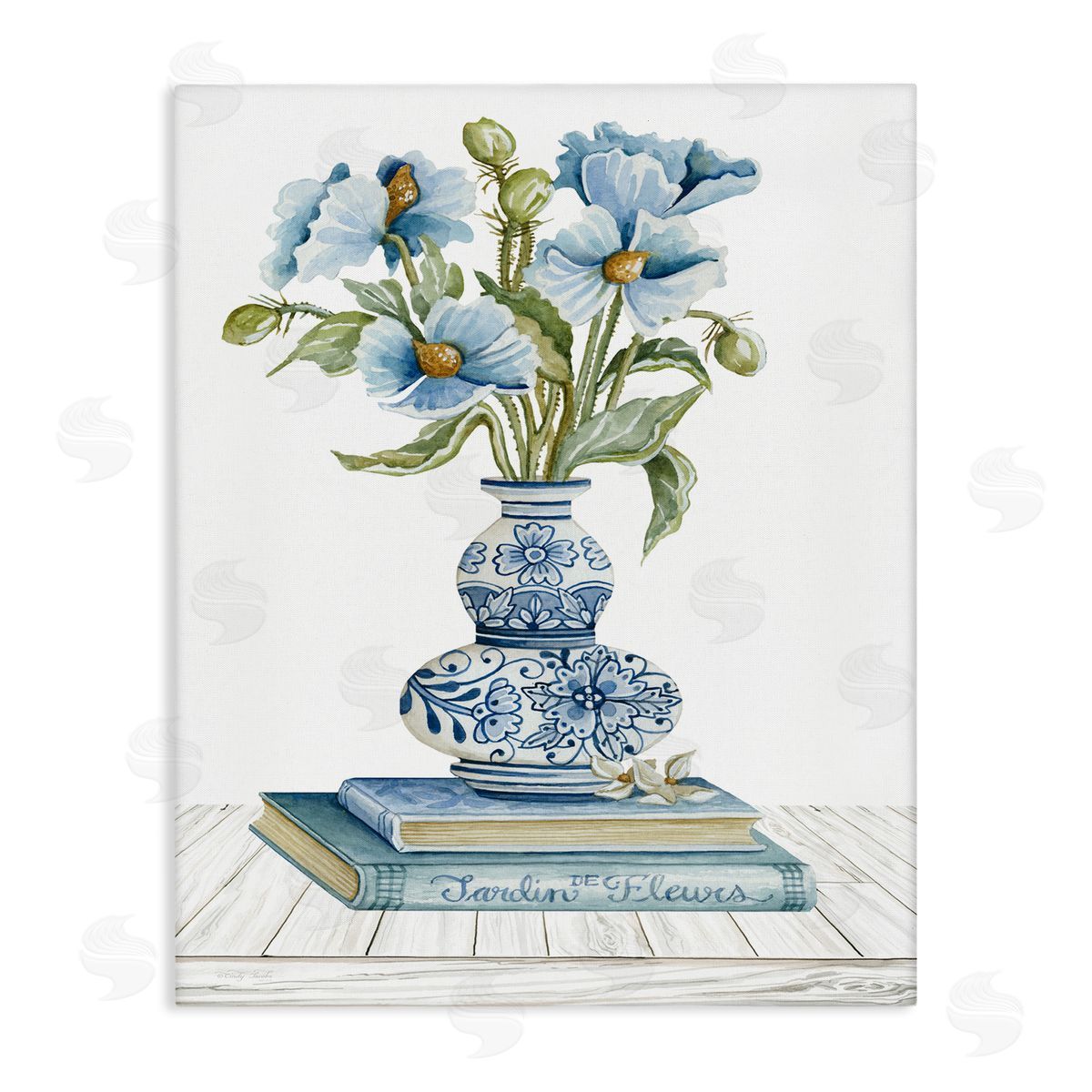 Cindy Jacobs Blue Flower Arrangement Ornate Pottery Still Life Stretched Canvas Wall Art Print
