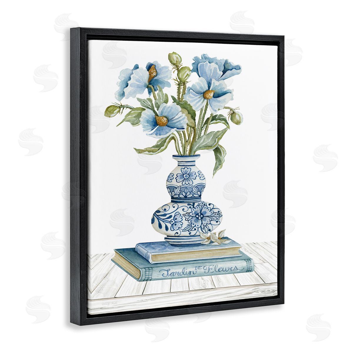 Cindy Jacobs Blue Flower Arrangement Ornate Pottery Still Life Black Floating Frame Canvas Wall Art Print