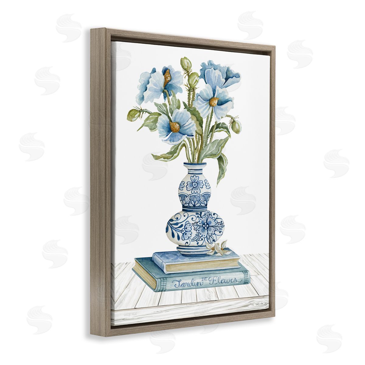 Cindy Jacobs Blue Flower Arrangement Ornate Pottery Still Life Brown Floating Frame Canvas Wall Art Print
