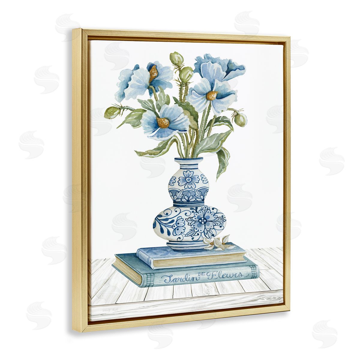 Cindy Jacobs Blue Flower Arrangement Ornate Pottery Still Life Gold Floating Frame Canvas Wall Art Print