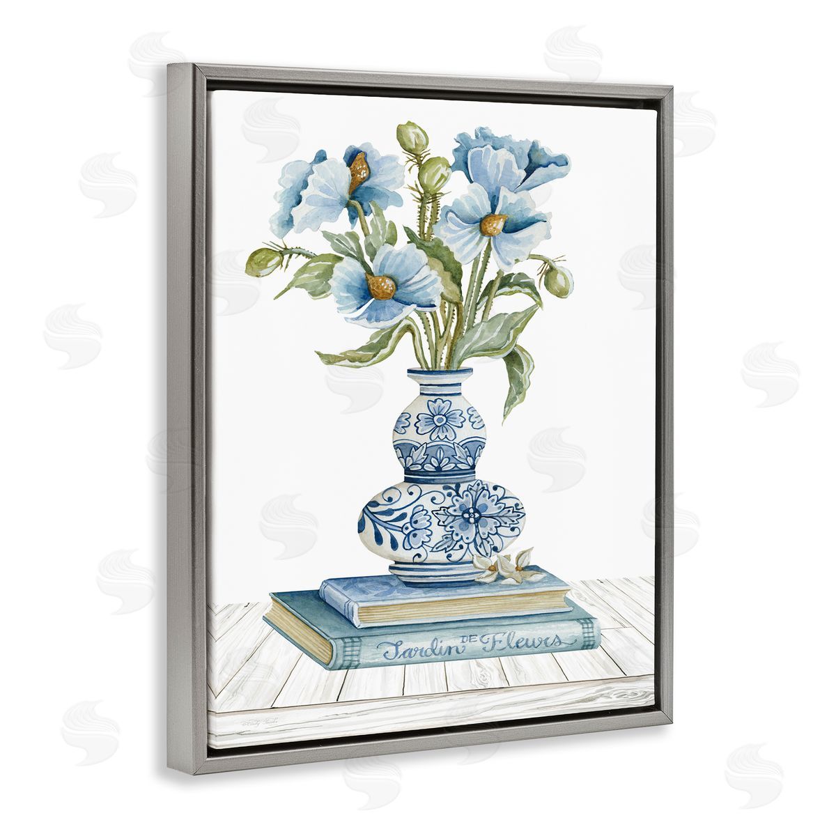 Cindy Jacobs Blue Flower Arrangement Ornate Pottery Still Life Gray Floating Frame Canvas Wall Art Print