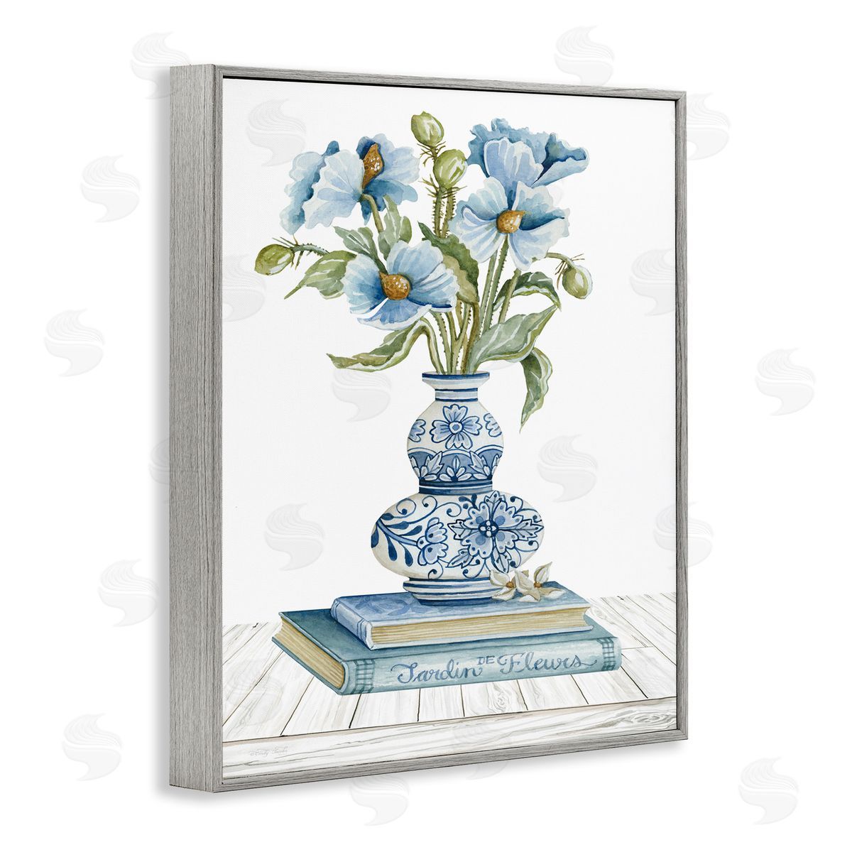 Cindy Jacobs Blue Flower Arrangement Ornate Pottery Still Life Gray Framed Giclee Wall Art Print
