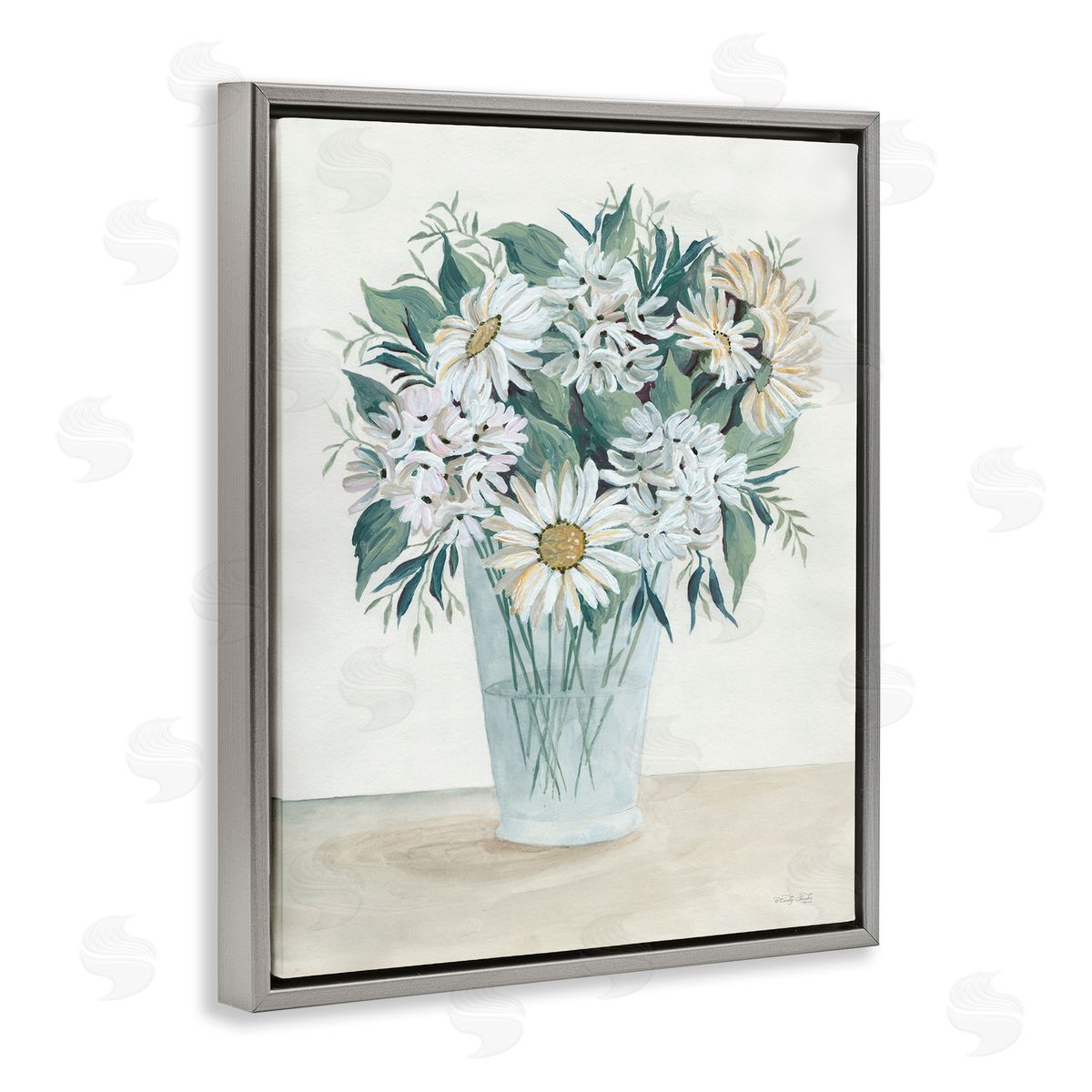 Cindy Jacobs Wildflower Daisies Floral Bouquet Arrangement Glass Vase  Gray Floating Frame Canvas Wall Art Print