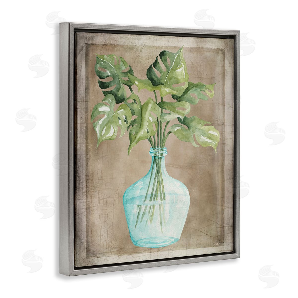 Cindy Jacobs Monstera Leaves Glass Vase Potted House Plant Gray Floating Frame Canvas Wall Art Print