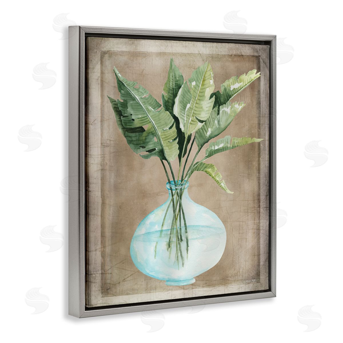 Cindy Jacobs Green Plant Leaves Glass Vase Rustic  Gray Floating Frame Canvas Wall Art Print