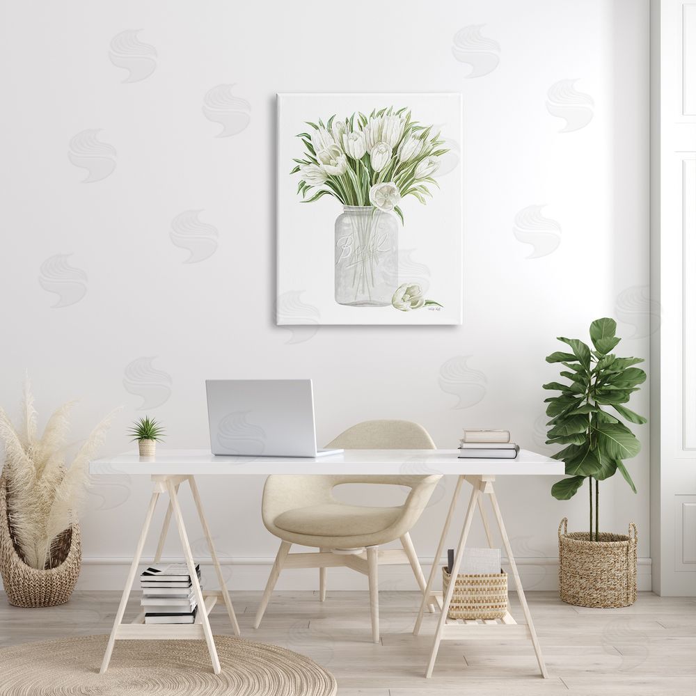 Cindy Jacobs White Tulips Rustic Country Jar Falling Blooms Canvas Wall Art Print in Room