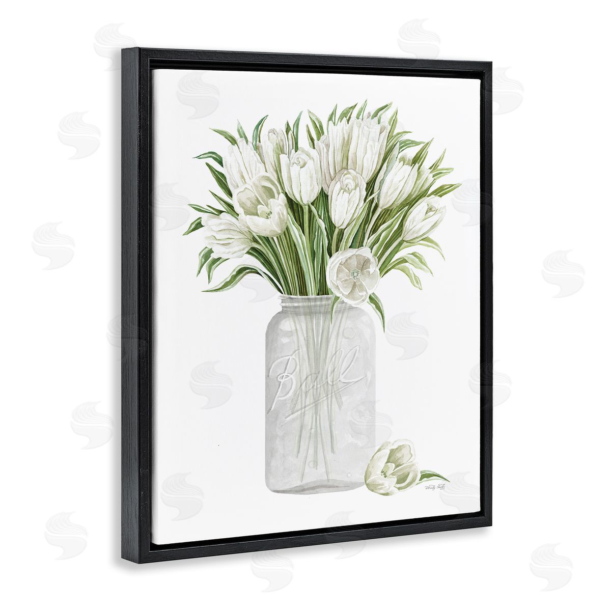 Cindy Jacobs White Tulips Rustic Country Jar Falling Blooms Black Floating Frame Canvas Wall Art Print