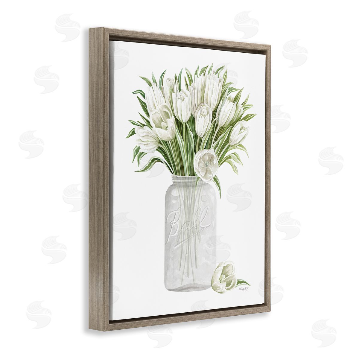 Cindy Jacobs White Tulips Rustic Country Jar Falling Blooms Brown Floating Frame Canvas Wall Art Print
