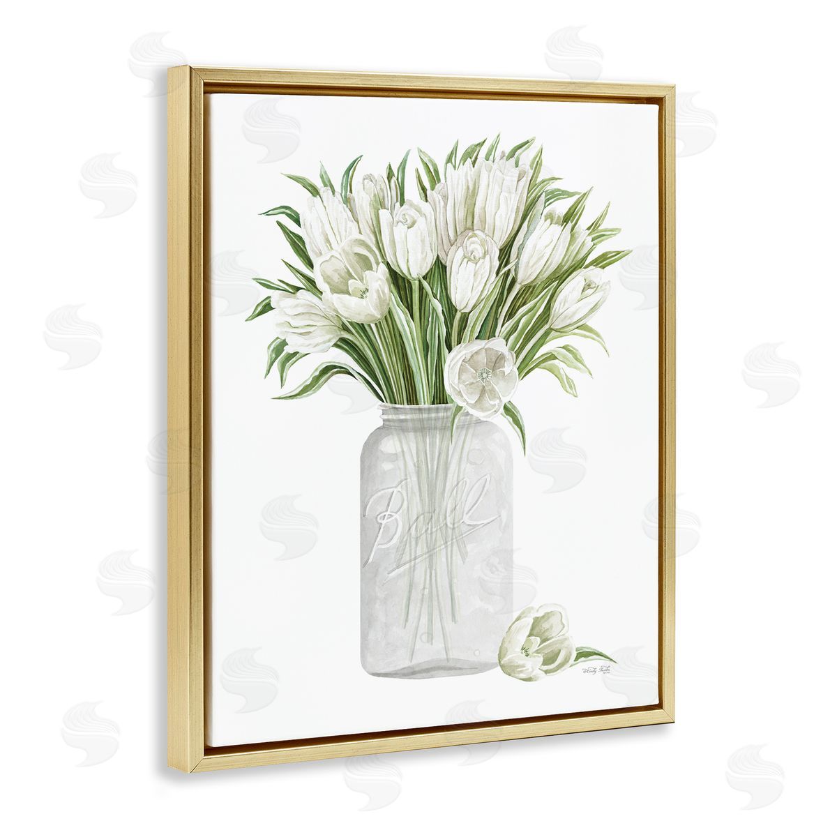 Cindy Jacobs White Tulips Rustic Country Jar Falling Blooms Gold Floating Frame Canvas Wall Art Print