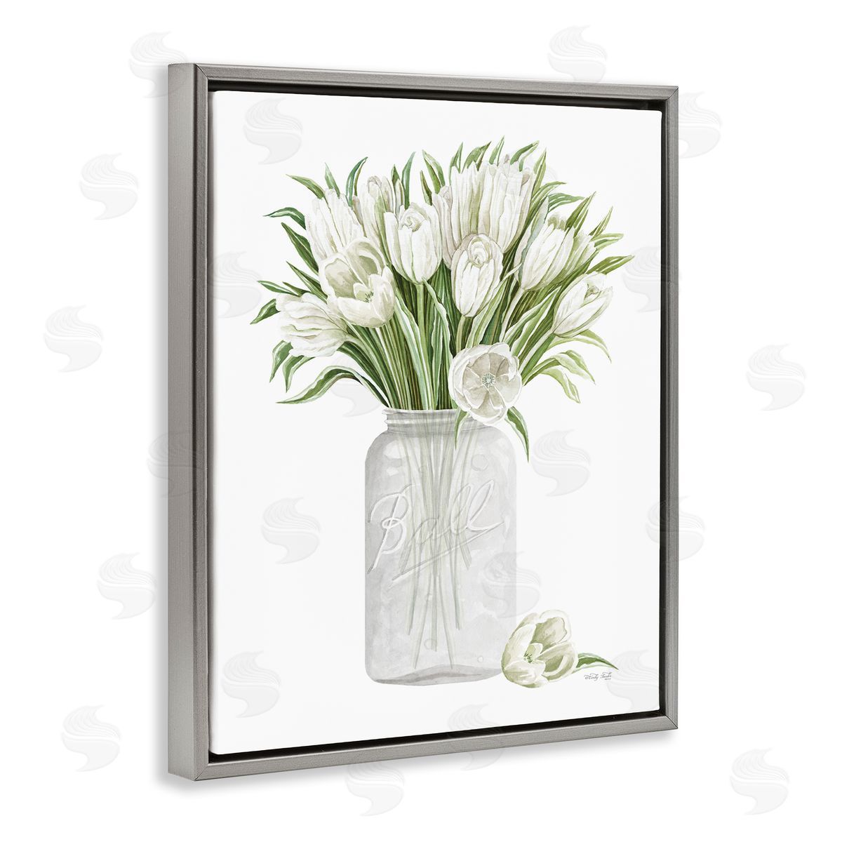 Cindy Jacobs White Tulips Rustic Country Jar Falling Blooms Gray Floating Frame Canvas Wall Art Print