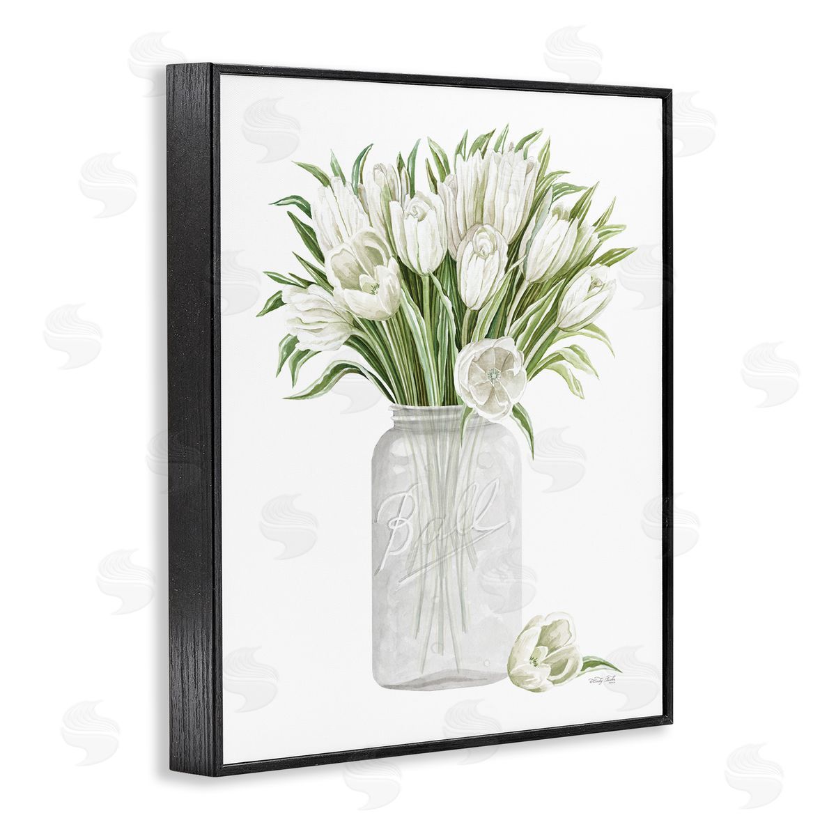 Cindy Jacobs White Tulips Rustic Country Jar Falling Blooms Black Framed Giclee Wall Art Print