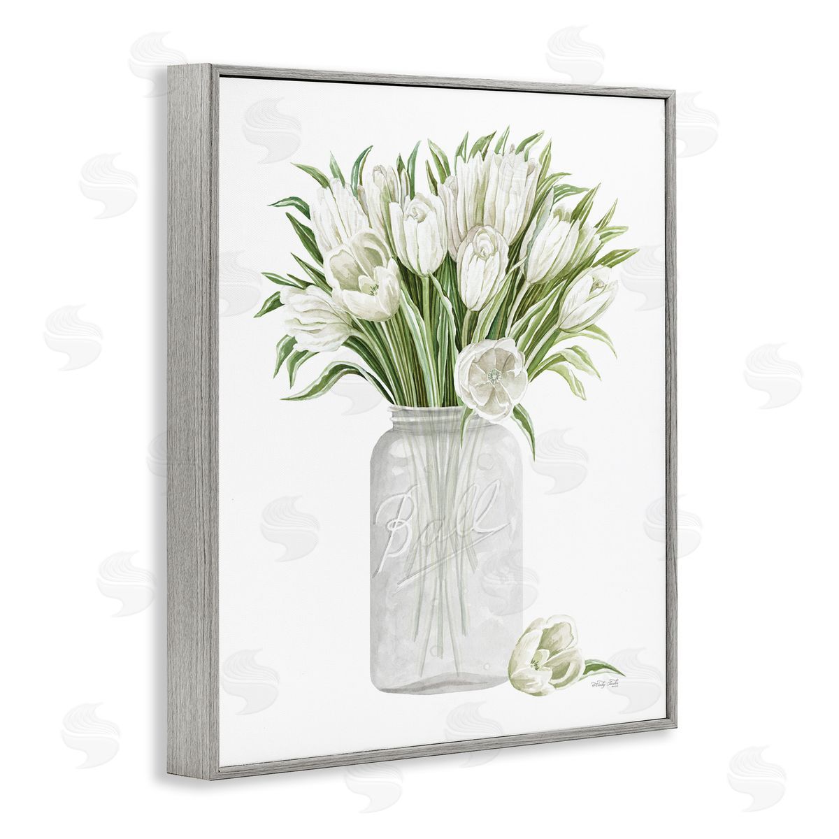 Cindy Jacobs White Tulips Rustic Country Jar Falling Blooms Gray Framed Giclee Wall Art Print