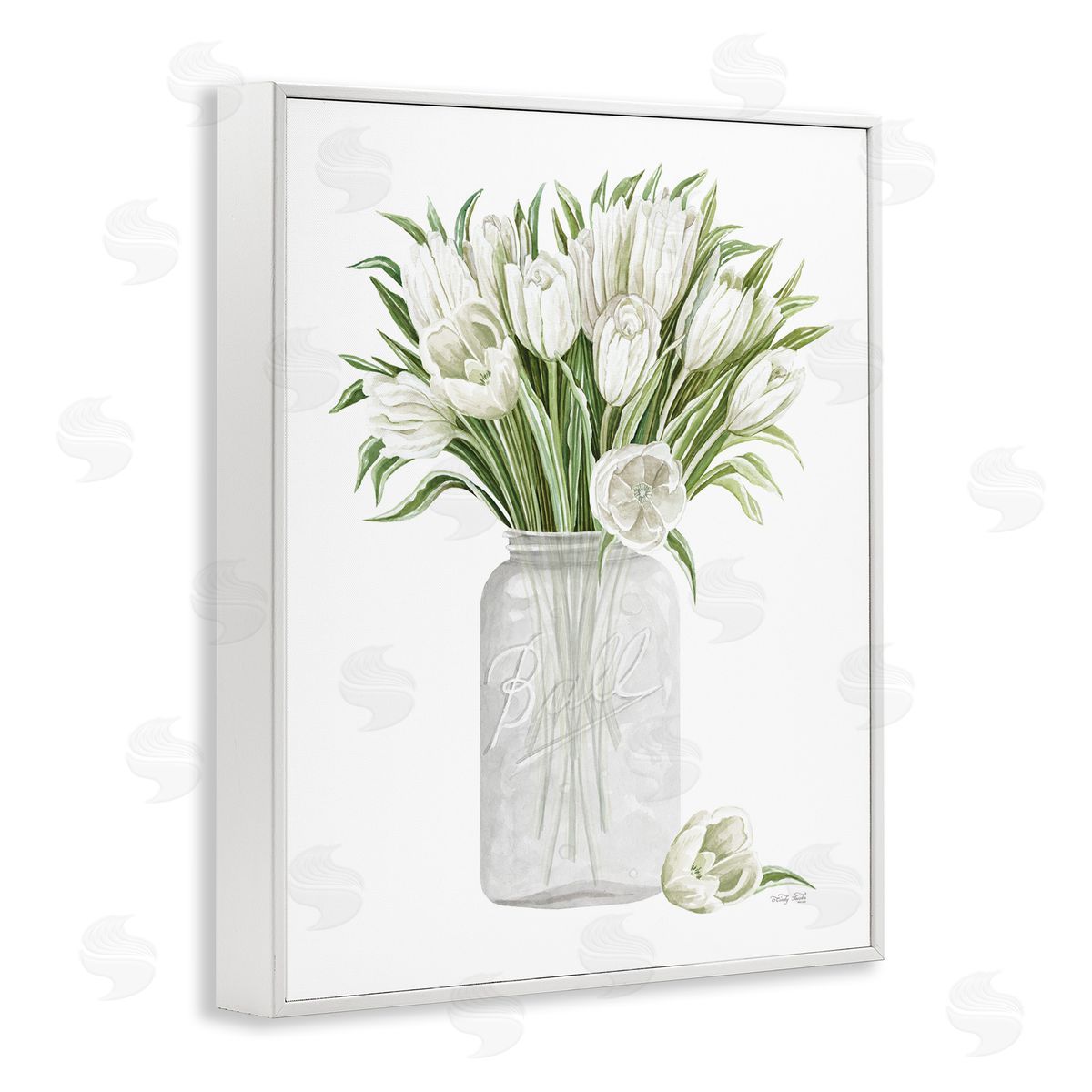 Cindy Jacobs White Tulips Rustic Country Jar Falling Blooms White Framed Giclee Wall Art Print
