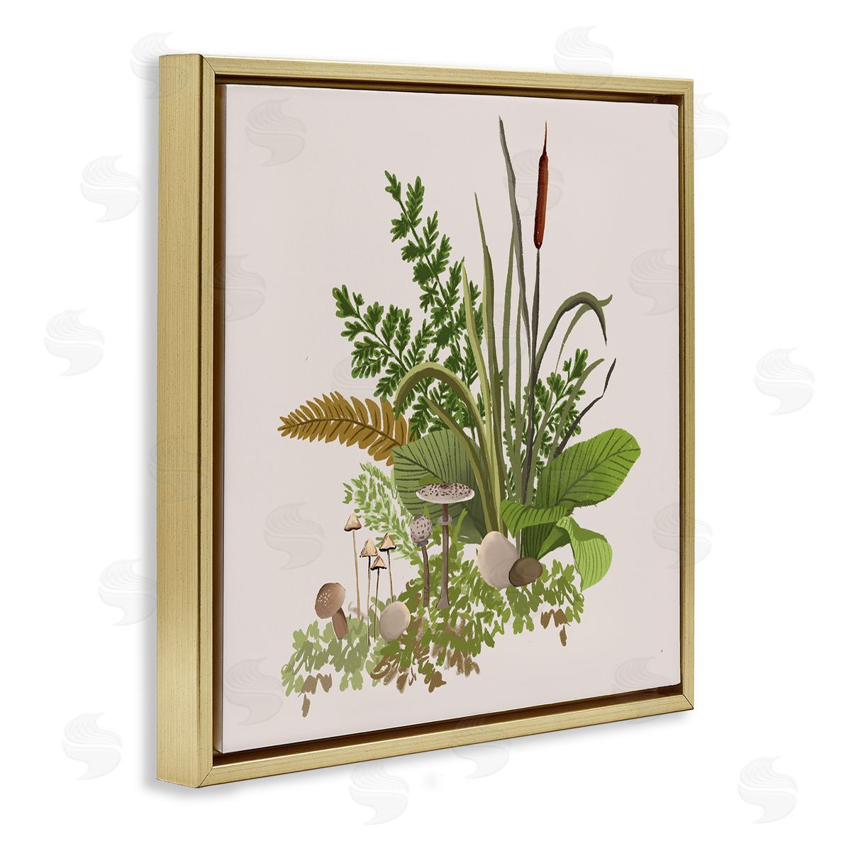 House of Rose Cottage Botanicals Plants Mushrooms Ferns Forest Floor Gold Floating Frame Canvas Wall Art Print