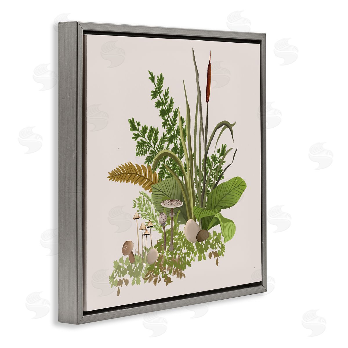House of Rose Cottage Botanicals Plants Mushrooms Ferns Forest Floor Gray Floating Frame Canvas Wall Art Print