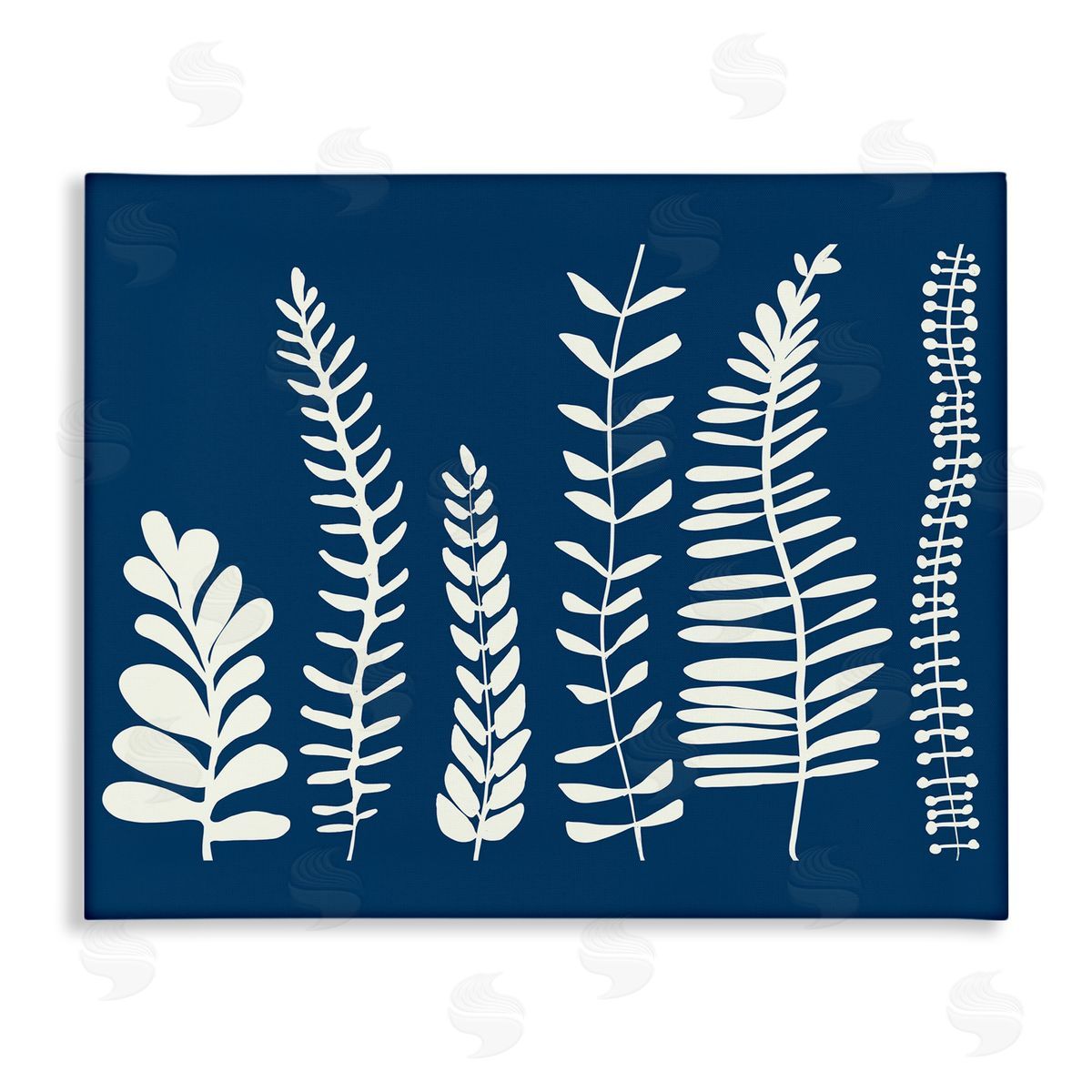 Deborah Velasquez Modern Fern Plant Leaves Blue Nature Silhouettes  Stretched Canvas Wall Art Print