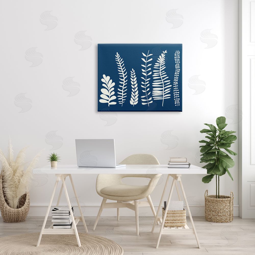 Deborah Velasquez Modern Fern Plant Leaves Blue Nature Silhouettes  Canvas Wall Art Print in Room