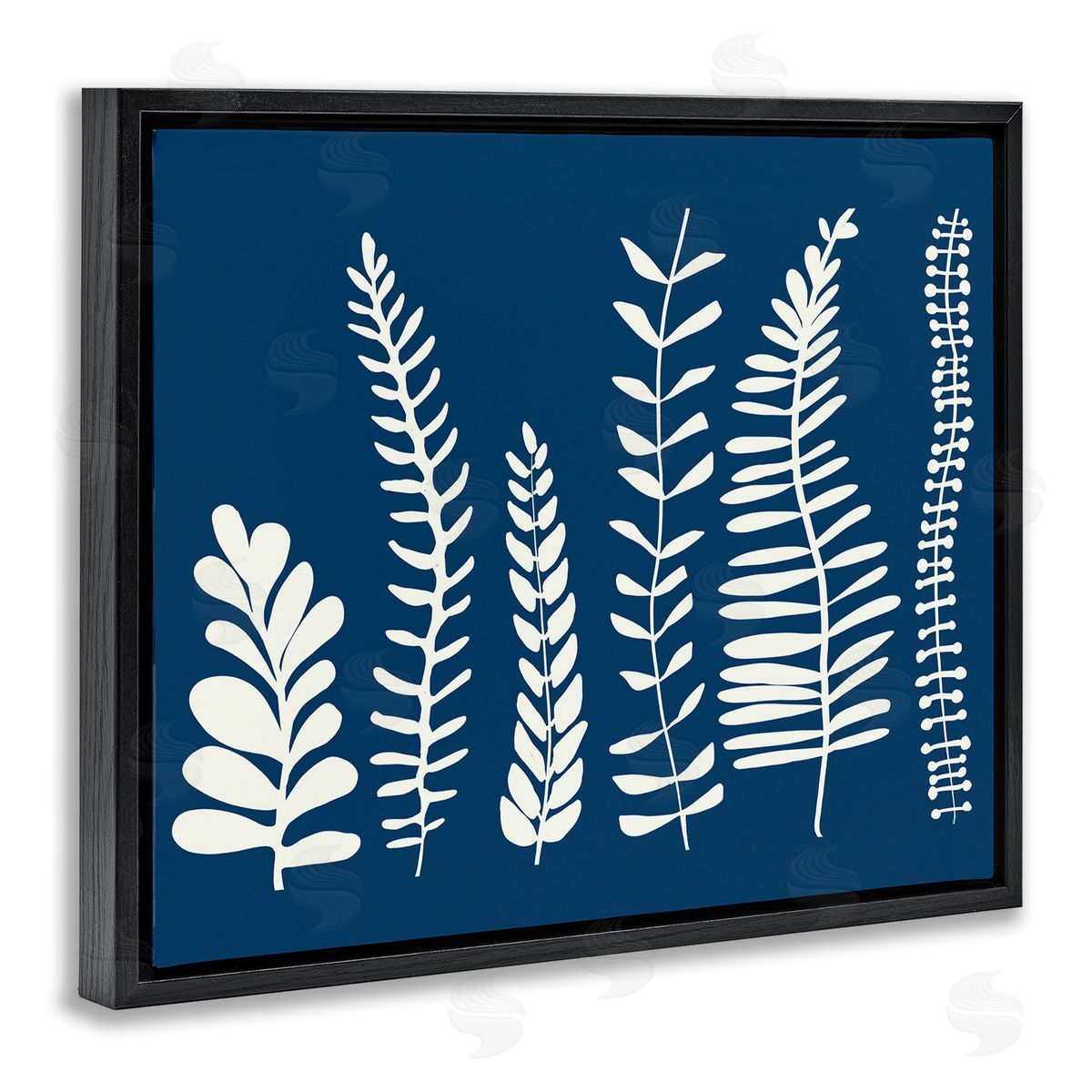 Deborah Velasquez Modern Fern Plant Leaves Blue Nature Silhouettes  Black Floating Frame Canvas Wall Art Print