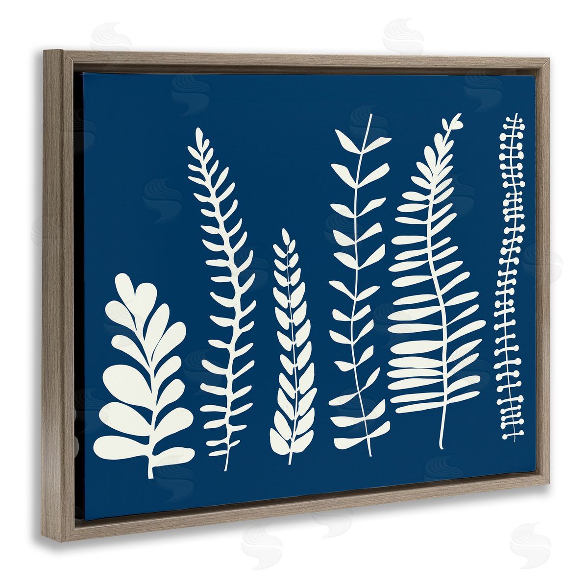 Deborah Velasquez Modern Fern Plant Leaves Blue Nature Silhouettes  Brown Floating Frame Canvas Wall Art Print