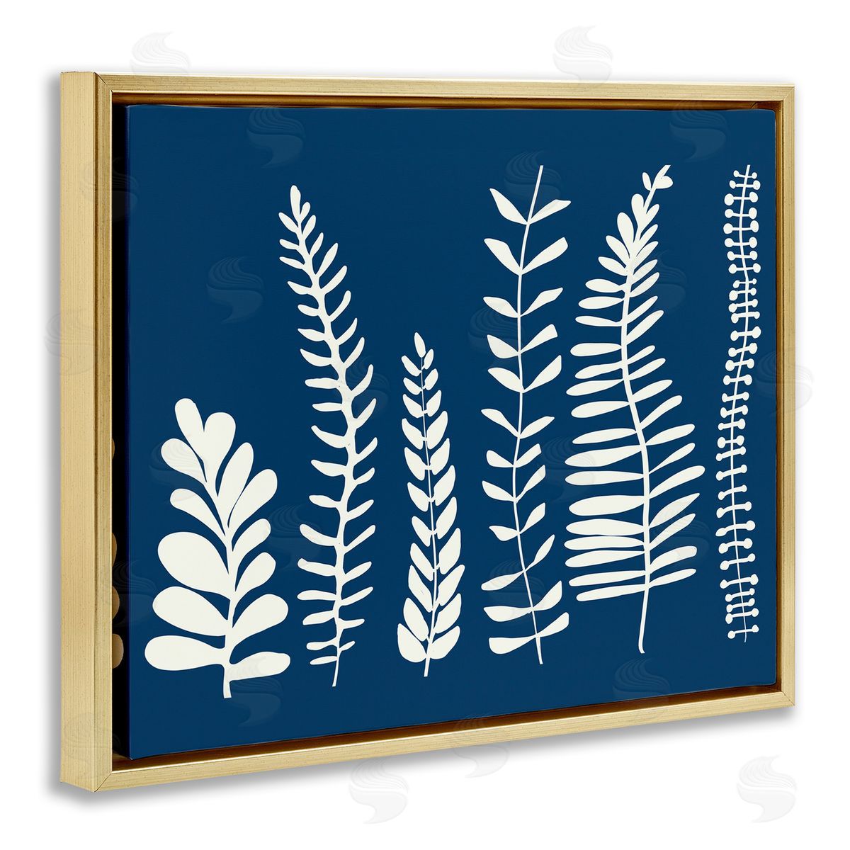 Deborah Velasquez Modern Fern Plant Leaves Blue Nature Silhouettes  Gold Floating Frame Canvas Wall Art Print