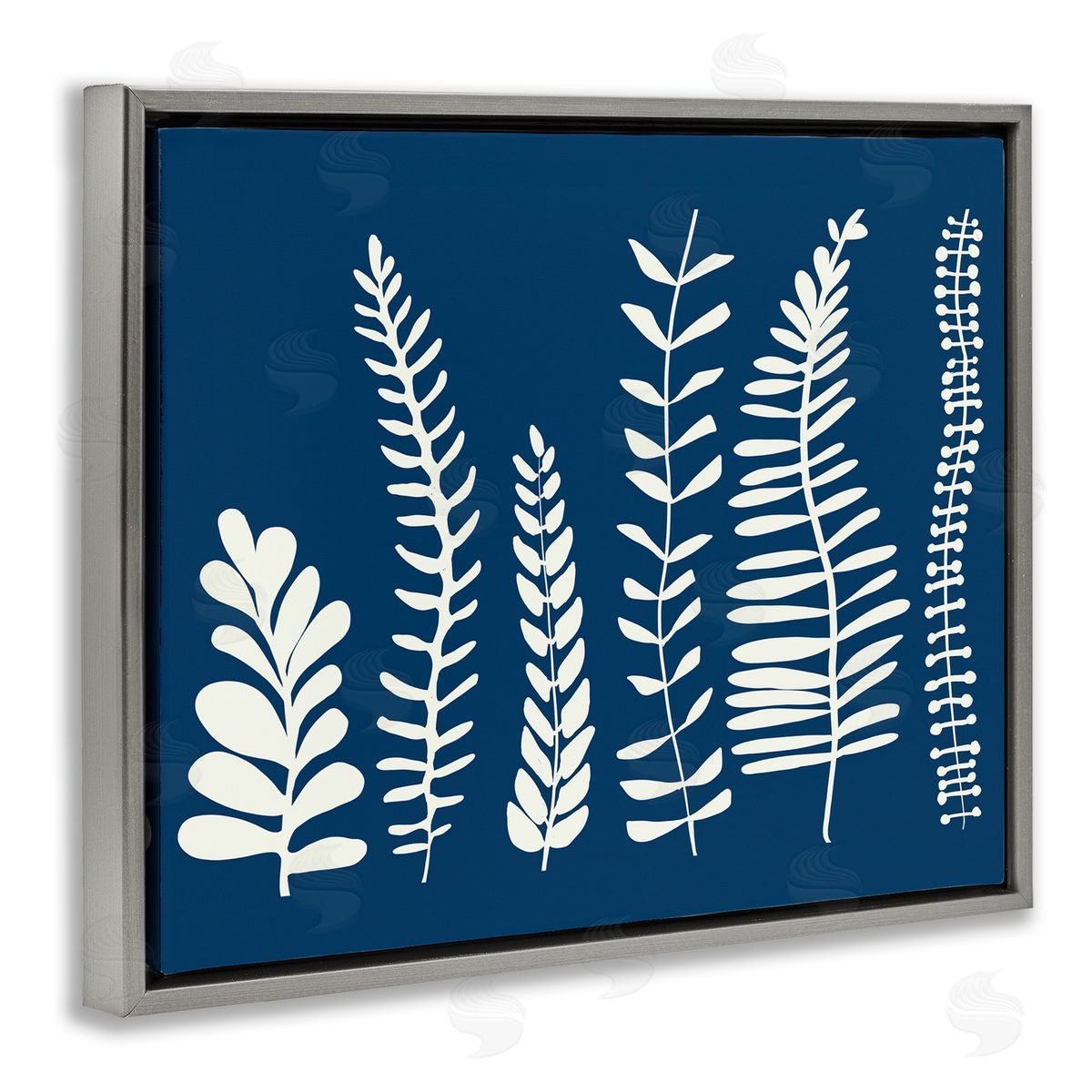 Deborah Velasquez Modern Fern Plant Leaves Blue Nature Silhouettes  Gray Floating Frame Canvas Wall Art Print