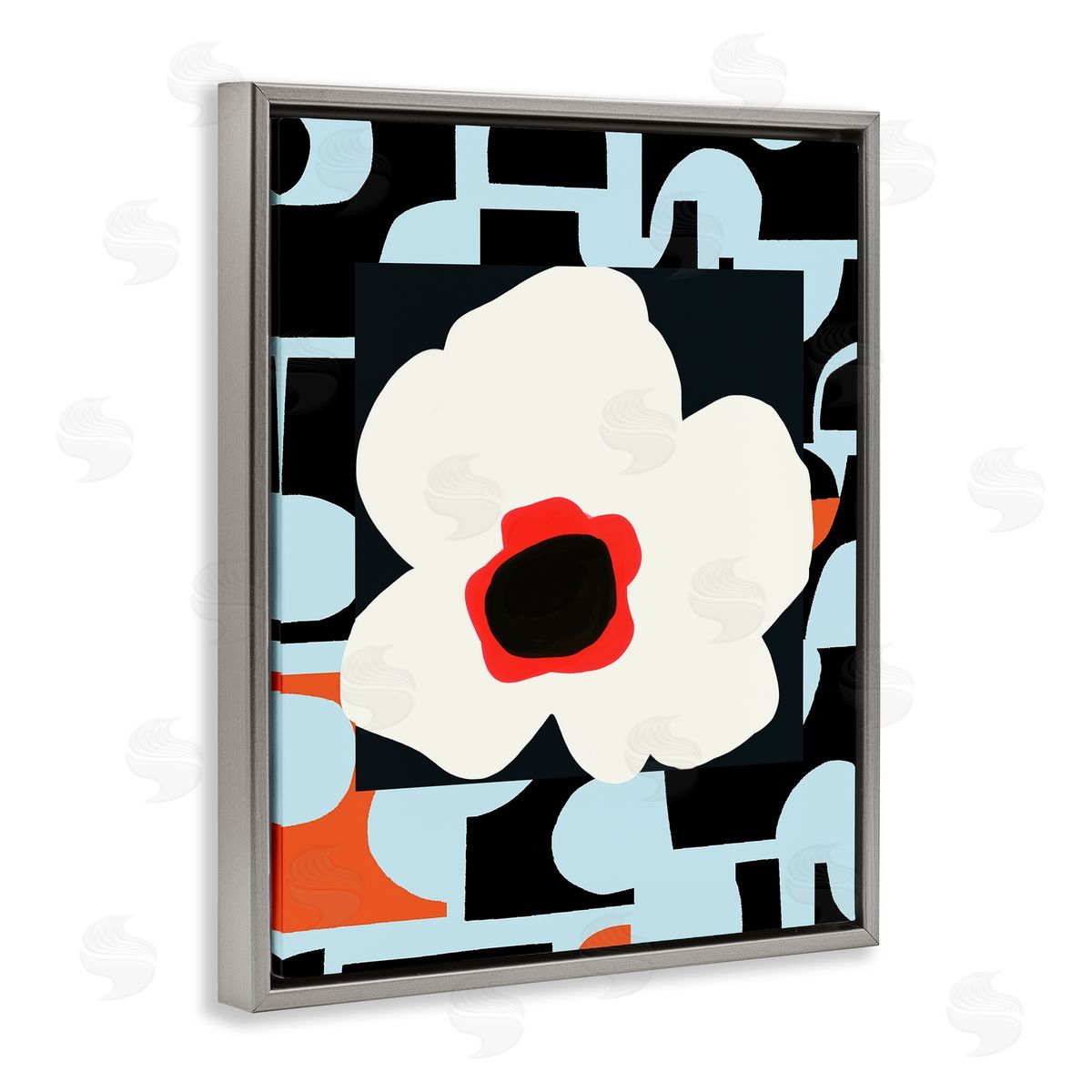 Deborah Velasquez Retro Floral Shapes Abstract Geometric Petals Silhouette Gray Floating Frame Canvas Wall Art Print